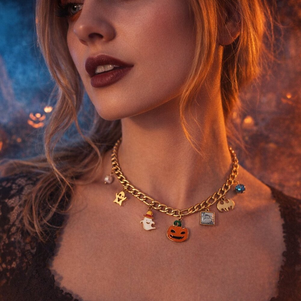 Haunted Whimsy Halloween Gold Chain With Spooky Cute Accents Charm Bracelet